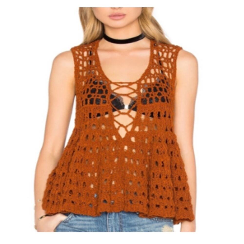 Free People Macrame Terra-Cotta Knit Top - Crochet Tank Size Small